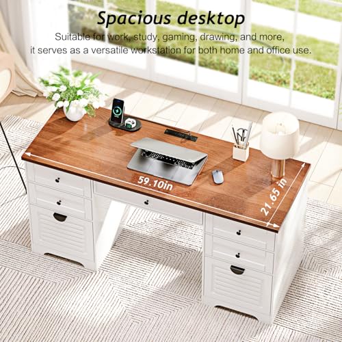 Antique Cream 59" Executive Farmhouse Computer Desk with 7 Drawers and Charging Station R75936
