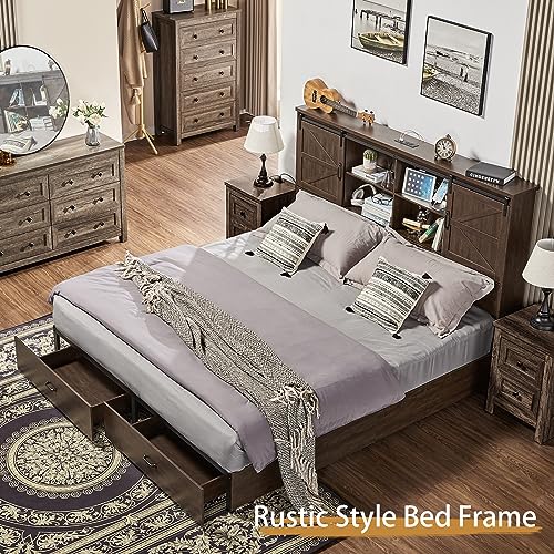VanAcc Full Size Wooden Platform Bed with Bookcase Headboard and 2 Drawers O6158