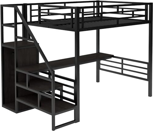 Metal Full Loft Bed with Desk and Wardrobe, Storage Stairs D90681