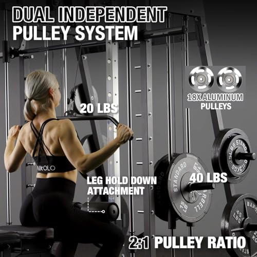 Mikolo Smith Machine 2200lbs Squat Rack with Lat Pulldown & Cable Crossover E219