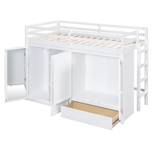 Harper & Bright Designs Twin Size Loft Bed with L-Shaped Desk and Stairs, Solid Wood, White D768
