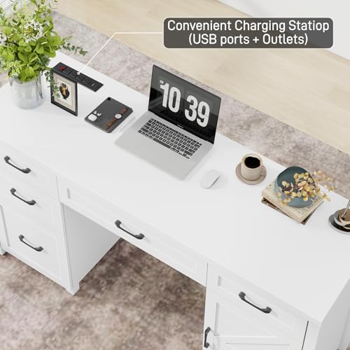 Farmhouse 61" Executive Desk with 5 Drawers and Charging Station, Pure Black W116439