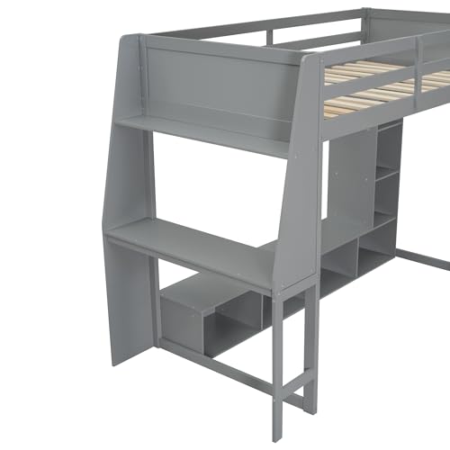 SOFTSEA Full Size Loft Bed with Desk, Storage and LED Lights, Solid Wood, Grey Q282
