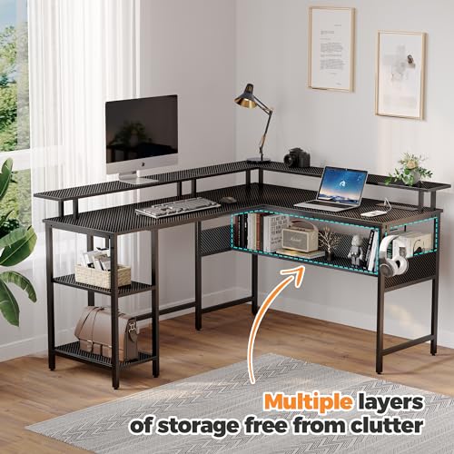 Rolanstar Computer Desk 56.7" with LED Lights and Power Outlets, Carbon Fiber Surface K1543