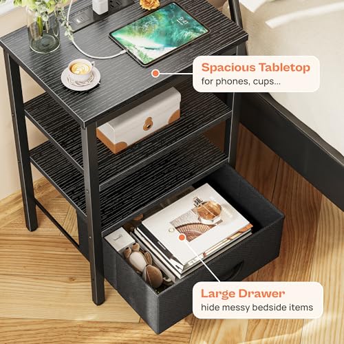 SUPERJARE Nightstand with Charging Station, Fabric Drawer, 3-Tier Storage, Walnut K366263