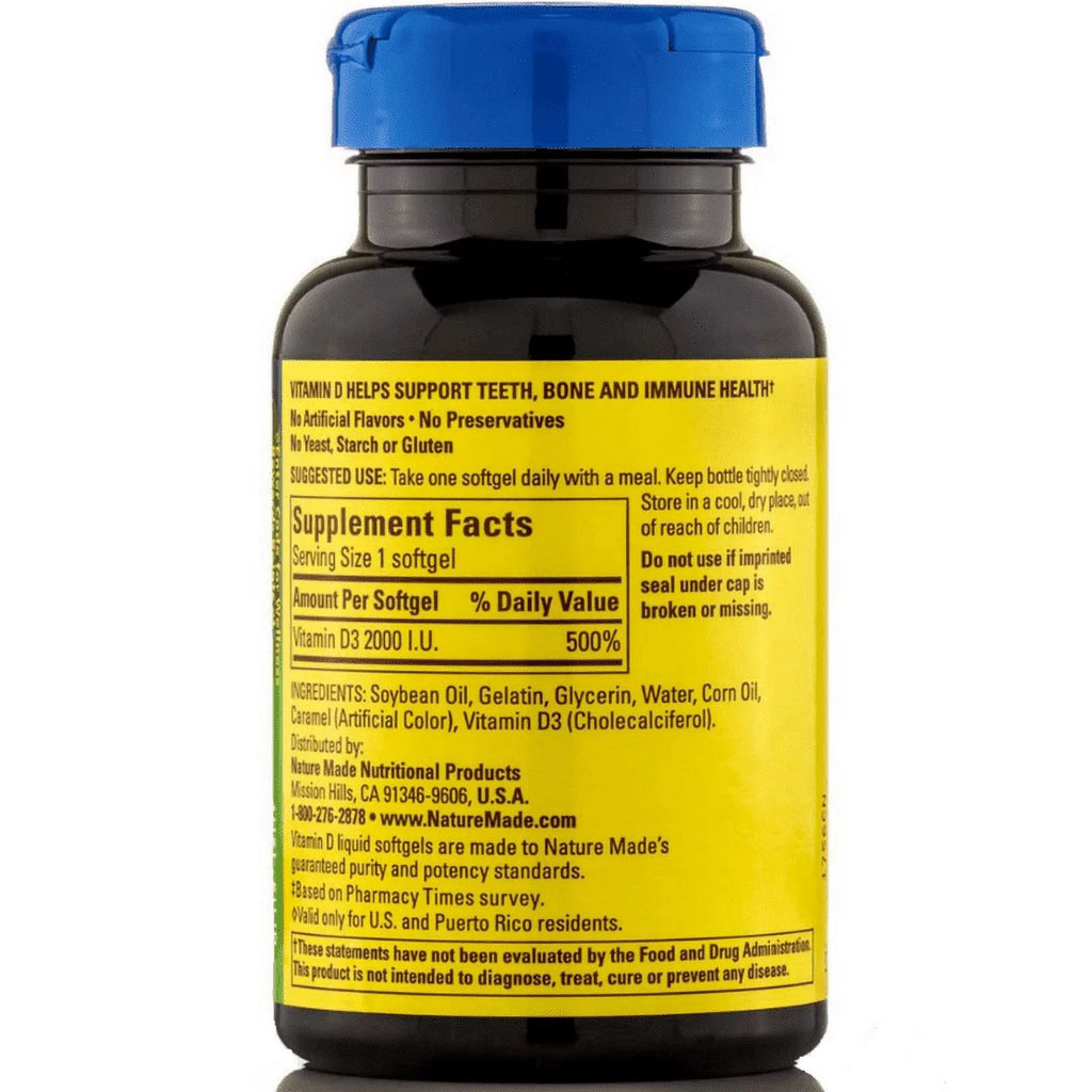 Nature Made Vitamin D3 2,000 I.U. Liquid Softgels 250 ea H941636