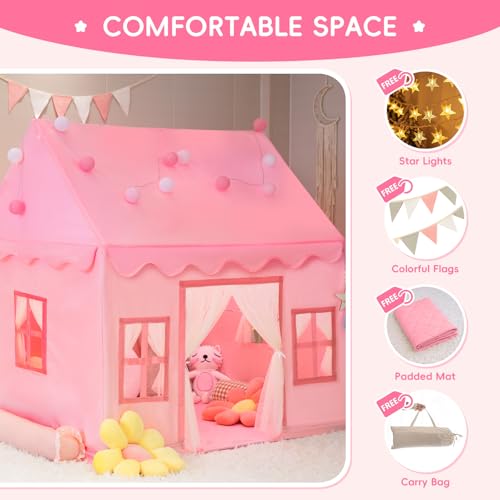 Kids Tent Playhouse with Star Lights, Flags and Tote Bags, Washable Teepee for Boys & Girls V1120