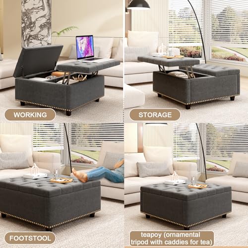 Large Square Storage Ottoman Coffee Table with Lift Top, Linen Upholstered, Light Grey L2433