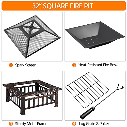 Yaheetech Fire Pit Table 32in Square Metal Outdoor Patio Fireplace L506