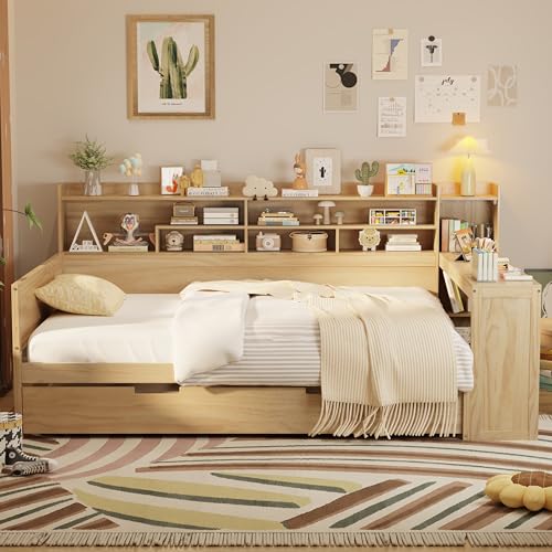 Bellemave Twin Corner Bed Frame with Storage Shelves and Desk, Gray L74206