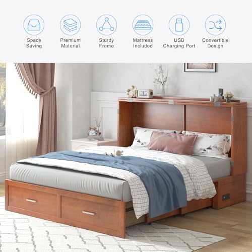 PUREMIND Queen Murphy Bed Cabinet with 2 Storage Drawers and USB Charging Station R5817