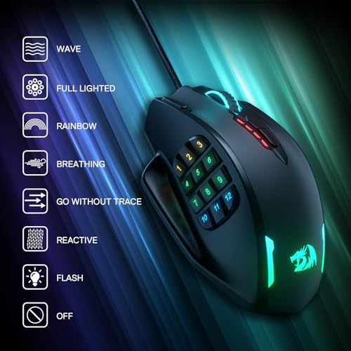 Redragon M908 Impact RGB MMO Gaming Mouse with 12 Side Buttons, 12400 DPI U713989