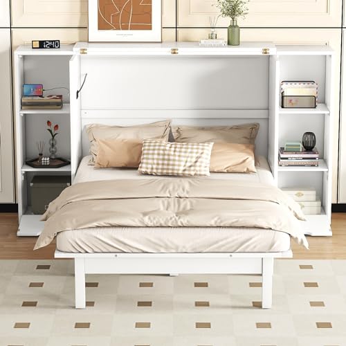 Queen Size Solid Pine Murphy Bed Chest with Charging Station and Storage Drawer K498