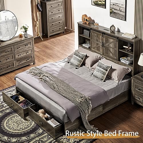 VanAcc Full Size Wooden Platform Bed with Bookcase Headboard and 2 Drawers O6158