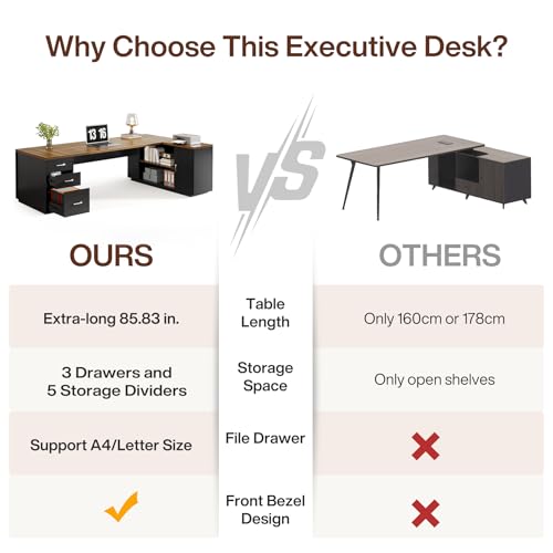 Tribesigns 85.8-Inch L-Shaped Executive Desk with File Drawers & Shelves, White & Brown I578