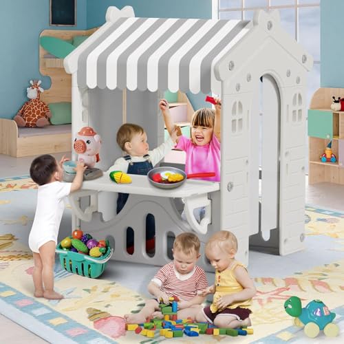 BIERUM Kids Playhouse with Pretend Play Kitchen Toys, Indoor Toddler Play Tent Beige Gray A198765