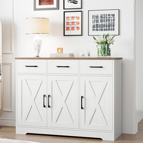 HOSTACK Modern Farmhouse Sideboard Buffet Cabinet with Barn Doors, White U8843