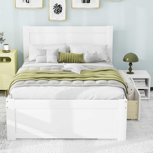 SOFTSEA Full Size Platform Bed with Storage Drawers and Bookcase Headboard, White V613109