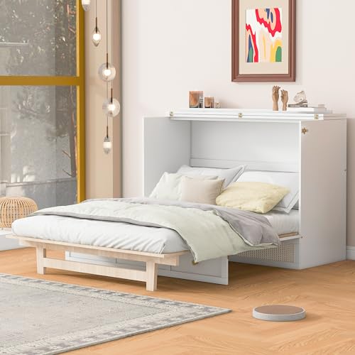 Ball & Cast Queen Size Solid Pine Murphy Bed with Charging Station, White + Walnut P2075