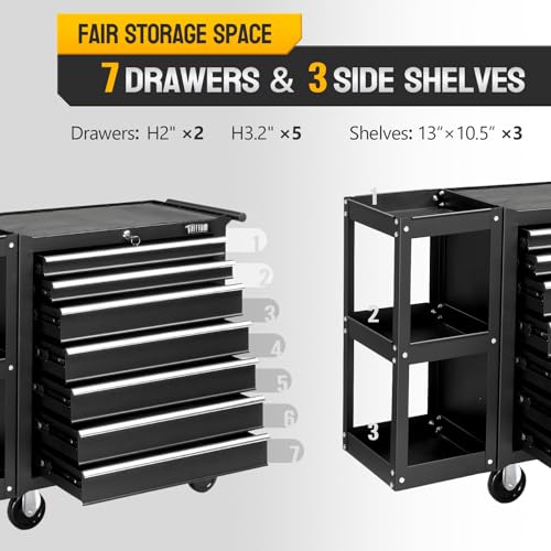 TUFFIOM 7-Drawer Rolling Tool Chest with Side Shelves and Lockable Wheels L105