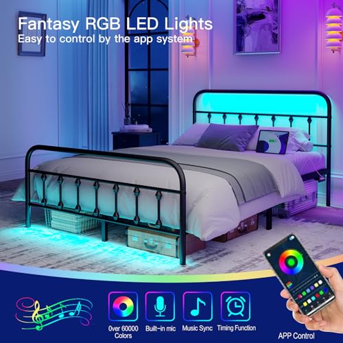 Full Bed Frame with Charging Station, Metal Platform, Black Y12142