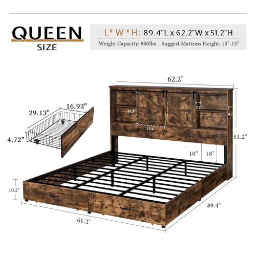 VanAcc Full Size Wooden Platform Bed with Bookcase Headboard and 2 Drawers O6158