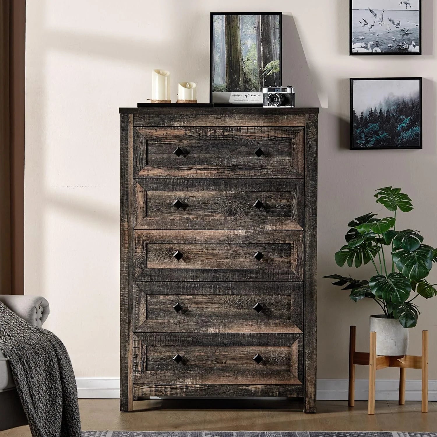 Amerlife 5 Drawers Dresser for Bedroom, Dark Oak A540261