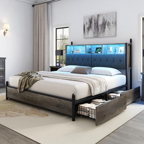 AMERLIFE Full Size Bed Frame with Bookcase Headboard, Charging Station, Rustic Brown H544