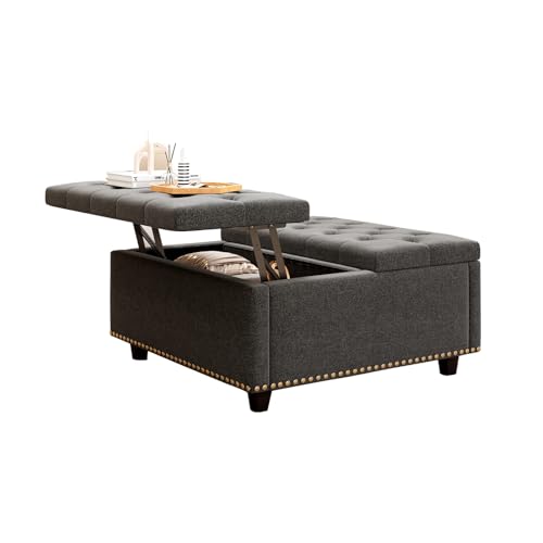 Large Square Storage Ottoman Coffee Table with Lift Top, Linen Upholstered, Light Grey L2433
