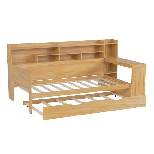 Bellemave Twin Corner Bed Frame with Storage Shelves and Desk, Gray L74206