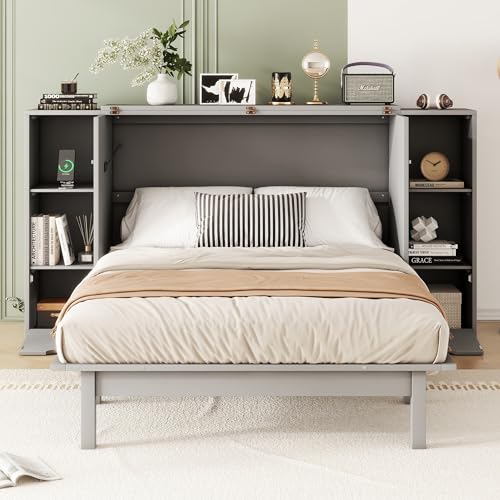 Ball & Cast Queen Size Solid Pine Murphy Bed with Charging Station, White + Walnut P2075