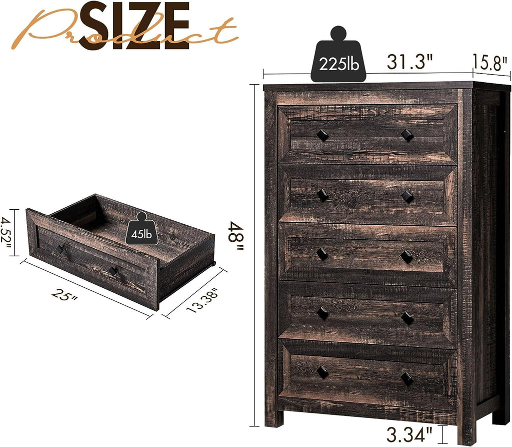 Amerlife 5 Drawers Dresser for Bedroom, Dark Oak A540261