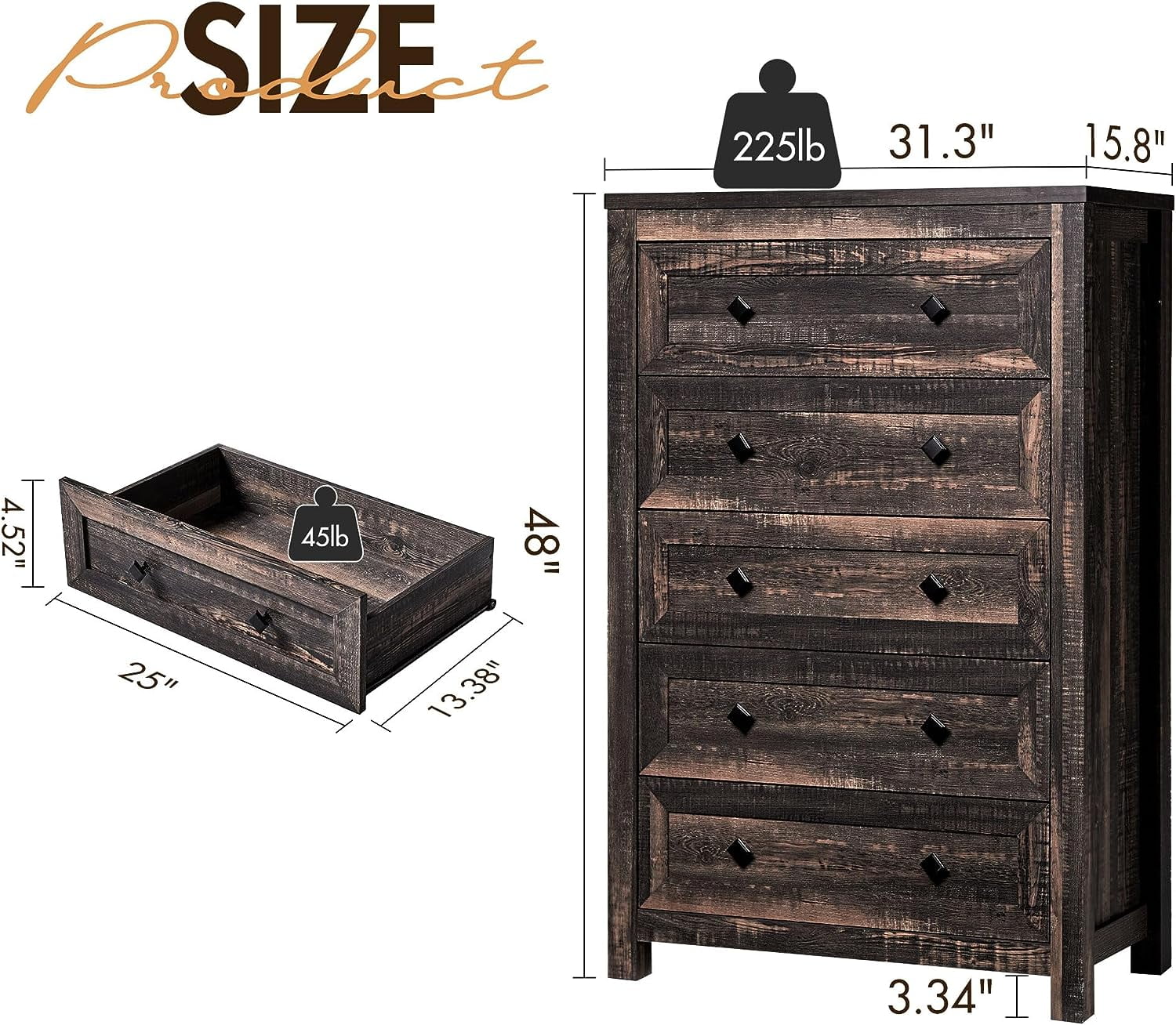 Amerlife 5 Drawers Dresser for Bedroom, Dark Oak A540261
