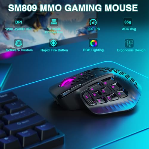 SM809 Pro Wireless MMO Gaming Mouse 24000 DPI Triple Connectivity RGB Black A4613