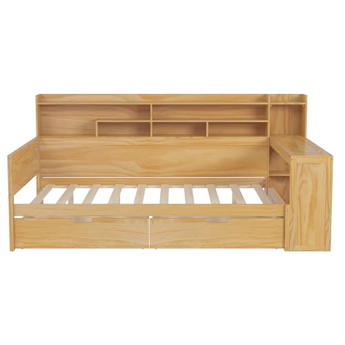Bellemave Twin Corner Bed Frame with Storage Shelves and Desk, Gray L74206