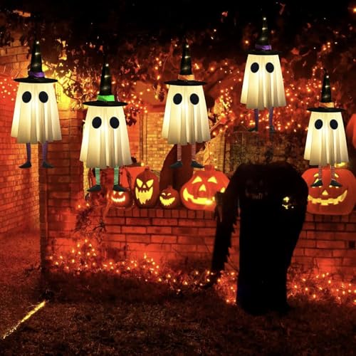 Halloween Hanging Ghosts with Witch Hat Lights, Set of 4 for Outdoor Yard Decor H703891