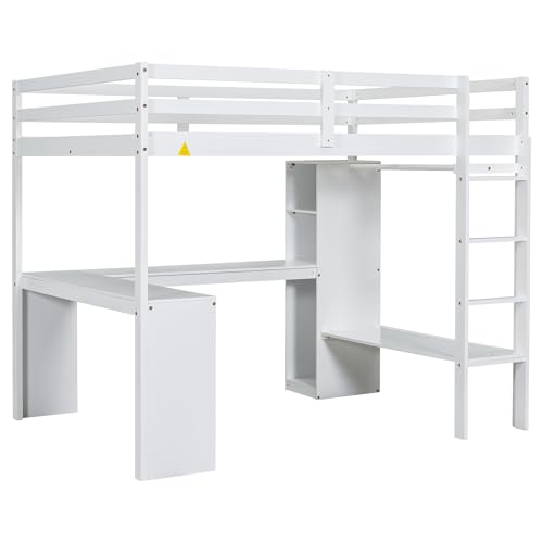 SOFTSEA Full Size Loft Bed with Desk & Wardrobe, White F150304