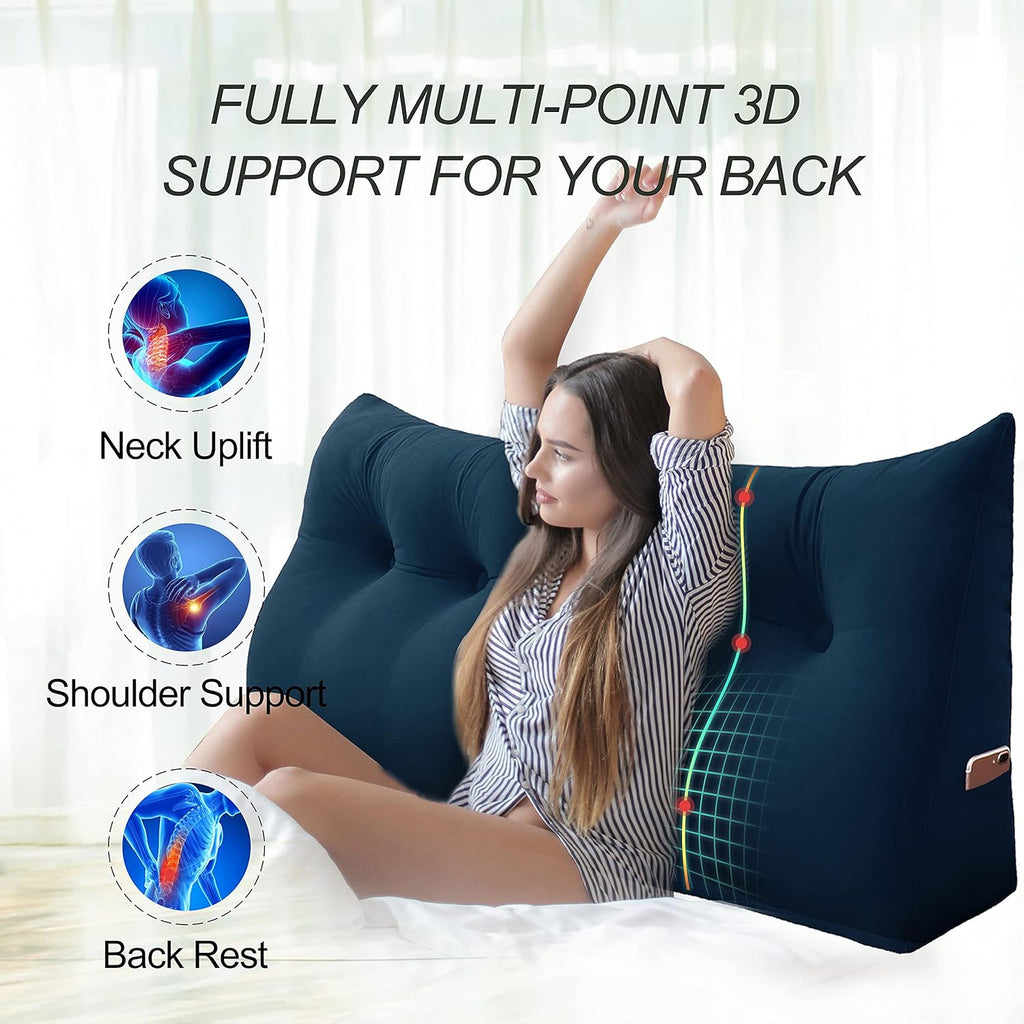 Roner Ergonomics Headboard Reading Pillow Back Support for Sitting Up in Bed Large Velvet Deep Blue Q5571
