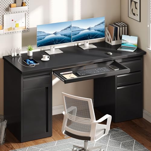 YITAHOME Office Desk with 5 Drawers, Power Outlets, 57 Inch, Black I604444