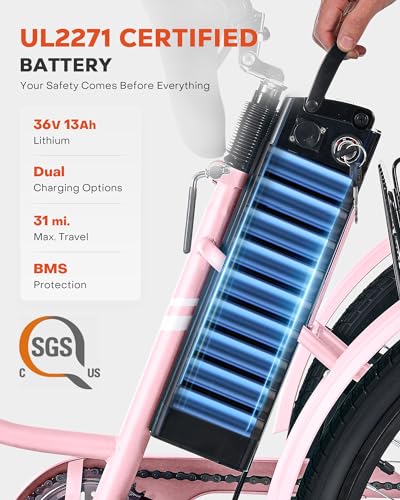 Viribus Electric Tricycle for Adults, 250W Motor, 468Wh Removable Battery, 24 in Rosy I34229
