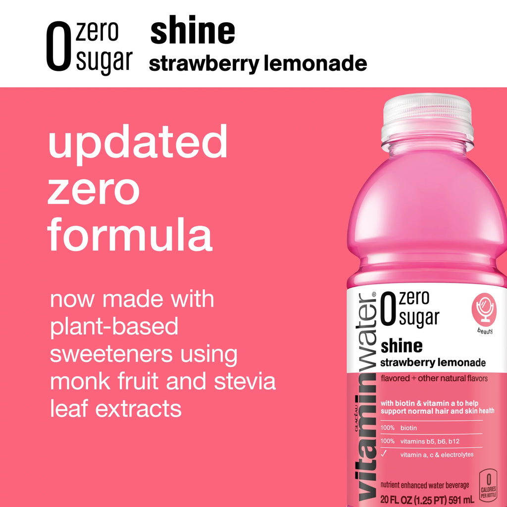 Vitaminwater Zero Sugar Shine Electrolyte Enhanced Water, Strawberry Lemonade, 20 fl oz, 12 Pack V746
