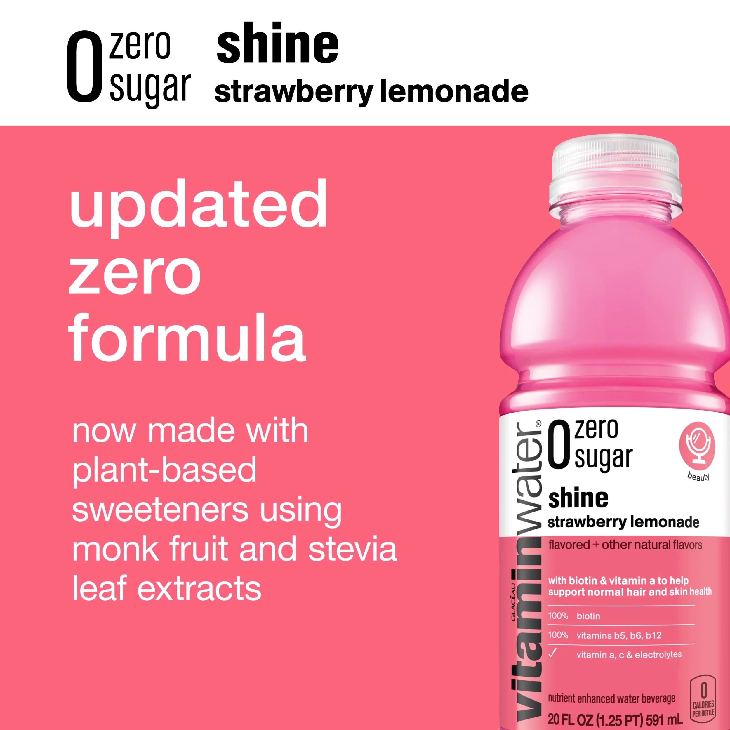 Vitaminwater Zero Sugar Shine Electrolyte Enhanced Water, Strawberry Lemonade, 20 fl oz, 12 Pack V746