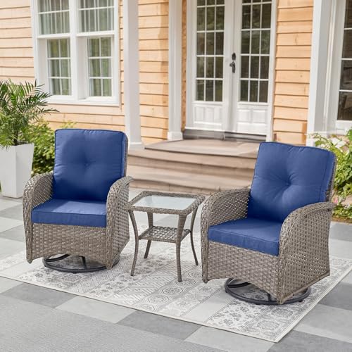 Outdoor Wicker Swivel Rocker Chairs Set of 2 with Rattan Side Table, Brown/Blue B592