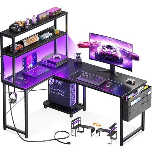 AODK L Shaped Gaming Desk with LED Light & Power Outlet, Grey Oak P41493