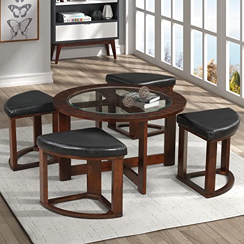 Roundhill Furniture Cylina Solid Wood Glass Top Round Coffee Table with 4 Stools F76357
