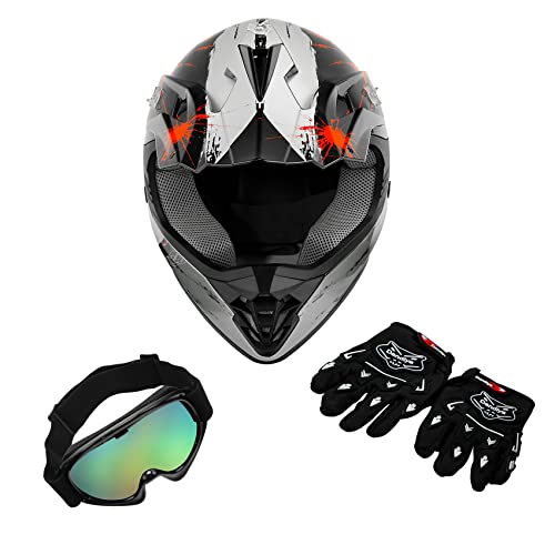 SLMOTO Dot Youth Kids Motocross Offroad Helmet with Goggles and Gloves Blue Skull D851858
