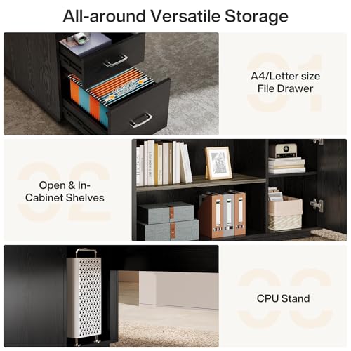 Tribesigns 85.8-Inch L-Shaped Executive Desk with File Drawers & Shelves, White & Brown I578