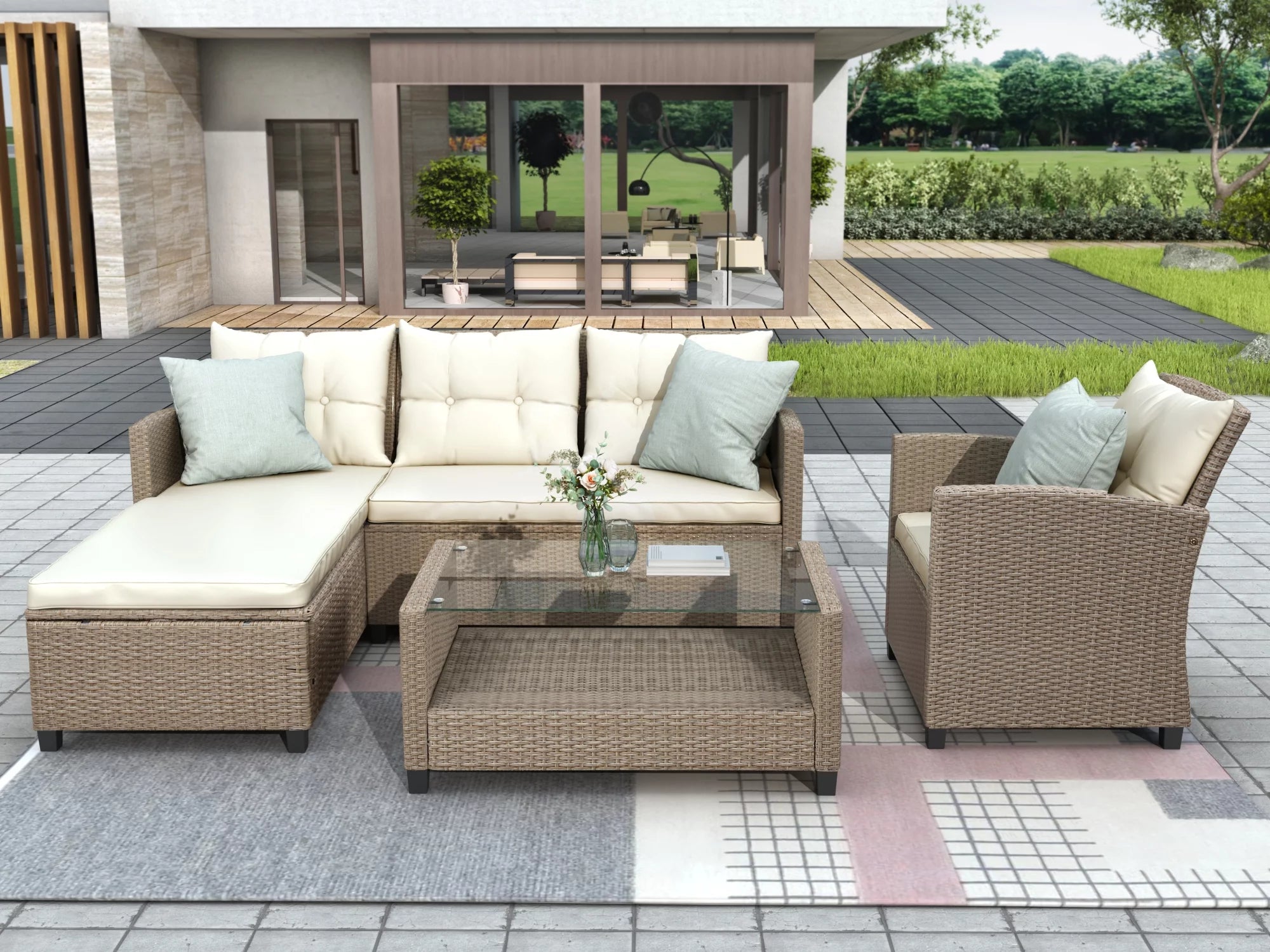 Dcenta 4 Piece Wicker Rattan Patio Conversation Set with Seat Cushions, Beige Brown B3881