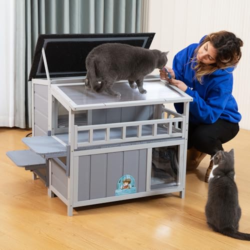 Warm Wood Cat Shelter with Sunlight Roof for Outdoor Use J791