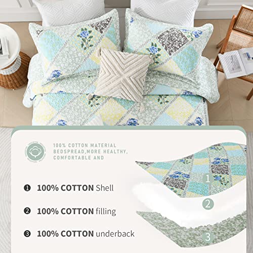 Finlonte Quilts Queen Size Set, Floral Patchwork Blue Grey Farmhouse Cotton Reversible Bedding U736679
